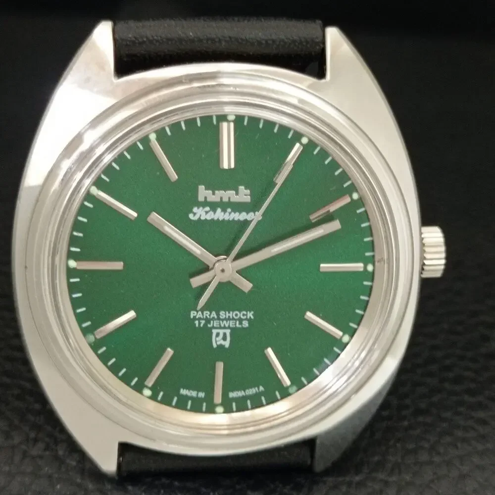 Vintage 1974 HMT Manual Wound Mens Silver Watch & Green accents